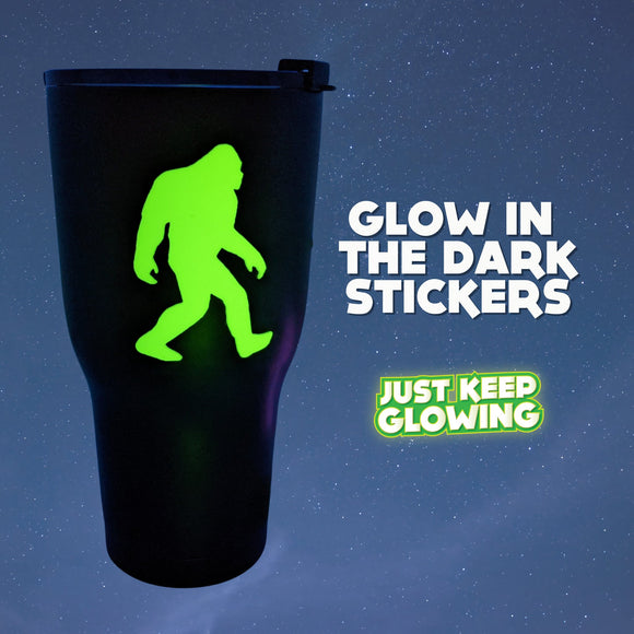 Glow in the Dark Bigfoot sticker on black cup.