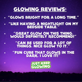 Customer testimonials highlighting the bright, long-lasting glow and versatility of Just Keep Glowing products. Reviews emphasize use as a nightlight and overall positive experience.