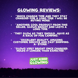 Glowing reviews for the Forever Glow Bar, a reusable, battery-free emergency light. Testimonials highlight quick charging, long-lasting glow, and excellent customer service. Just Keep Glowing text graphic.