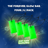 Forever Glow Bar Four-Pack: Best deal on reusable, battery-free lights. Four glow bars against a starry background. Text: The Forever Glow Bar Four (4) Pack. Best Deal. Just Keep Glowing.