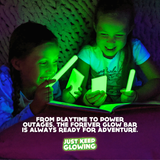 Forever Glow Bar: Reusable, battery-free emergency light for playtime and power outages. Text overlay: From Playtime to Power Outages, The Forever Glow Bar is Always Ready for Adventure. Just Keep Glowing.