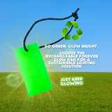 Forever Glow Bar: Rechargeable, eco-friendly light. Sustainable lighting solution with recycle symbol. Text: Go Green, Glow Bright. Just Keep Glowing.