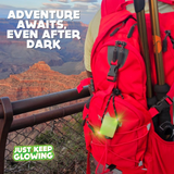 Stay safe on night hikes with our glow in the dark cube. Featured on a red backpack at the Grand Canyon, this gear ensures visibility in low-light conditions. Perfect for outdoor adventurers.  Shop our glow in the dark hiking accessories at JustKeepGlowing.com